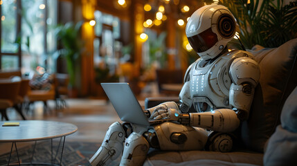 Fototapeta na wymiar Futuristic Work Environment, Robot Working on Laptop in the Comfort of a Living Room Sofa, Digital Workspace Innovation, Robotic on Task Tablet in a Modern Lobby, Tech-Savvy Productivity.