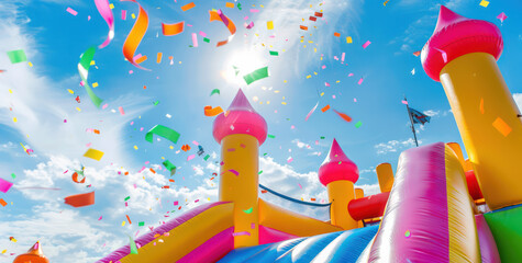 Castillo Hinchable y Confeti en Día Soleado.
Un castillo hinchable multicolor se eleva bajo un cielo azul adornado con confeti volador, capturando la alegría de un día festivo al aire libre. - obrazy, fototapety, plakaty