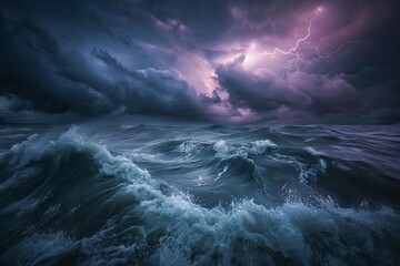 Dramatic storm clouds and lightning over a turbulent ocean with crashing waves, moody seascape photography - obrazy, fototapety, plakaty