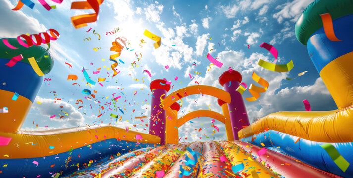Castillo Hinchable y Confeti en Día Soleado.
Un castillo hinchable multicolor se eleva bajo un cielo azul adornado con confeti volador, capturando la alegría de un día festivo al aire libre.