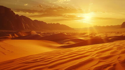 Desert landscape with sand dunes, sultry sun. Extreme adventure concept. Generative AI
