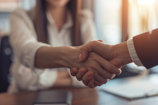 En una sala de reuniones, un hombre y una mujer sellan un acuerdo profesional