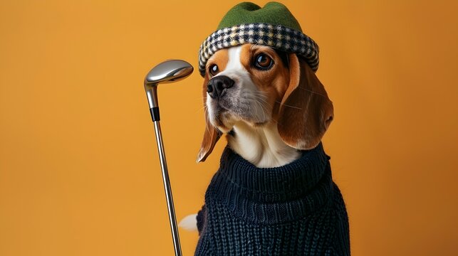 Surreal of a Beagle Golfer in Plaid Hat and Navy Sweater on Orange Background