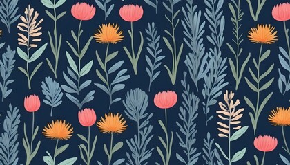 Botanical-seamless floral pattern with colorful flowers. Tender field plants on a blue background