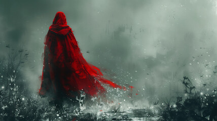 Artistic figure of a woman in a red cape with hood walking in a fog landscape.