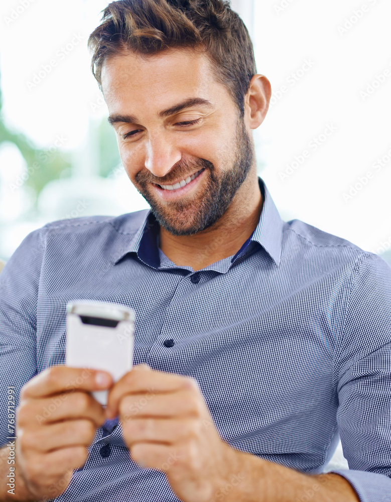 Poster business man, phone and check an email in home, communication and networking for company. male perso