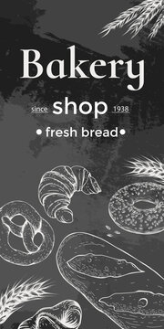 Bakery sketch background. Bakery frame with bread, pretzel, bun, bagel, croissant. Hand drawn bakery template with bread, pastry, sweet for menu cover, poster, design. Engraved food image imitation