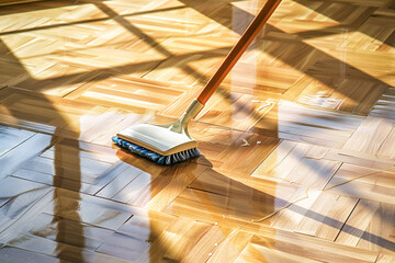Floor cleaning with mob on a beautiful white floor, floor cleaning products, Clearing company - obrazy, fototapety, plakaty