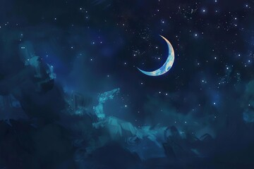 Obraz na płótnie Canvas Enchanting crescent moon illuminating the starry night sky, creating a mystical atmosphere, digital painting