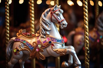 Fototapeta na wymiar Carousel Dreams: Rings on a carousel horse with colorful lights.
