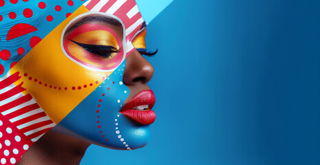 A woman with red and blue stripes painted on her face. The woman's makeup is bold. Beauty woman...