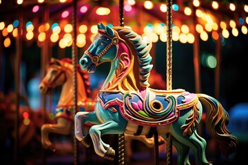 Fototapeta na wymiar Carousel Dreams: Rings on a carousel horse with colorful lights.