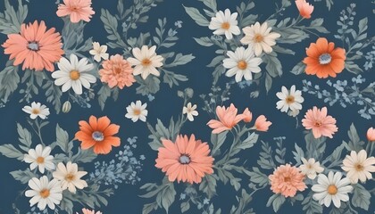 Fototapeta na wymiar Botanical-seamless floral pattern with colorful flowers. Tender field plants on a blue background
