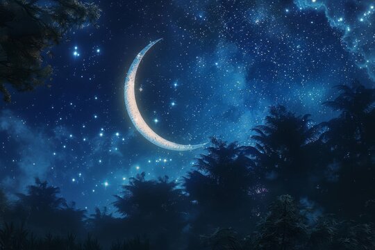 Enchanting crescent moon illuminating the starry night sky, creating a mystical atmosphere, digital painting
