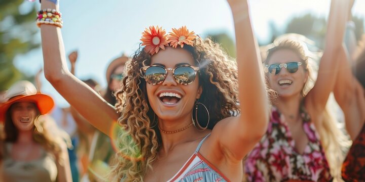 Radiant Energy Young Women Joyfully Dancing in the Summer Music Festival Crowd