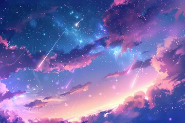 Fantasy anime-style sky with shooting stars and colorful nebula clouds, dreamy digital art - Wallpaper illustration - obrazy, fototapety, plakaty