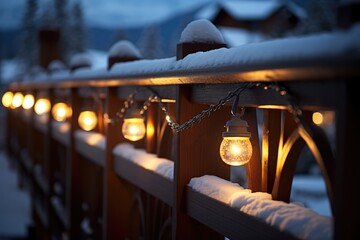 Ski Lodge Coziness: Rings on a snowy railing at a ski lodge with warm lights. - obrazy, fototapety, plakaty