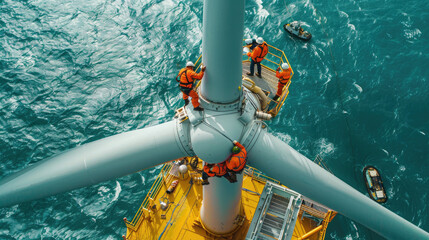 Team of workers stand on wind turbine top in sea, engineers perform maintenance of windmill in ocean. Concept of energy, power, people, technology, water. - obrazy, fototapety, plakaty