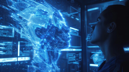 Engineer looks at 3d-model of artificial intelligence, female scientist uses futuristic digital technology in future. Concept of data, AI, tech, innovation, research, science, control.