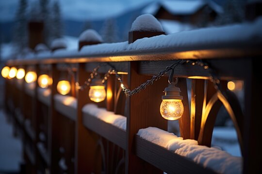 Ski Lodge Coziness: Rings on a snowy railing at a ski lodge with warm lights.