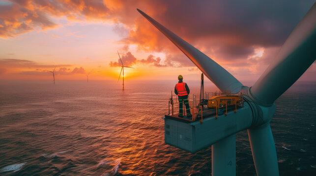 Engineer stands on platform on wind turbine top in sea at sunset, worker performs maintenance of windmill in ocean. Concept of people, energy, power, landscape