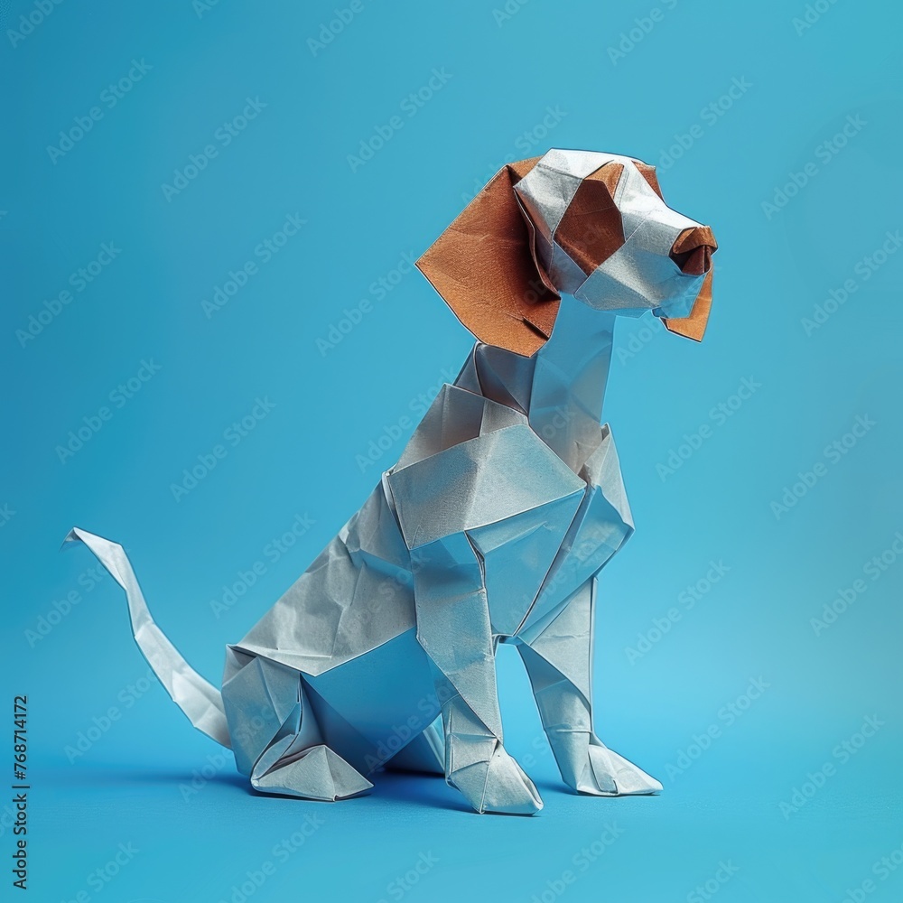 Wall mural a dog made out of origami paper sitting on a blue surface. origami craft, greeting card design eleme