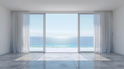 3D rendering of an empty room with a sliding glass door and a view of the sea