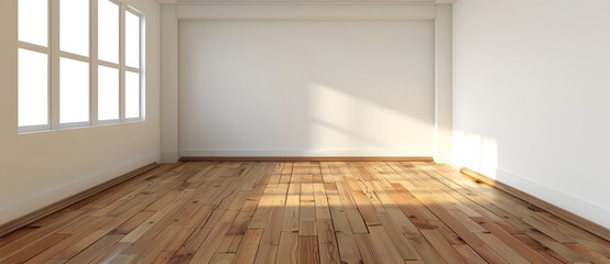 Fototapeta premium Mock up of empty room with an empty wall and wooden floor, light white and light beige colors