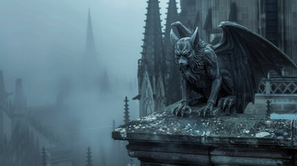 Gargoyle on Gothic cathedral, old monster statue in mist close-up. Vintage stone demon sculpture on church wall background. Concept of chimera, culture, devil and fantasy