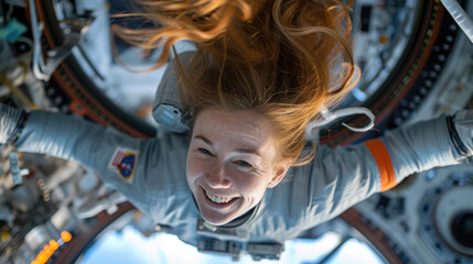 Woman astronaut floats inside spaceship, happy female person in zero gravity in spacecraft or space station. Concept of people, interior, weightlessness, science, travel. - obrazy, fototapety, plakaty