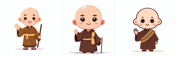 set Vector Illustration of little Buddhist children waved