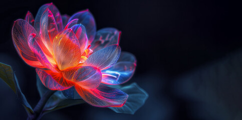 A colorful flower with droplets of water on it. bright and cheerful mood. Colorful flower in neon colors on black background. Abstract multicolor floral backdrop with copy space. Magic fantasy flower