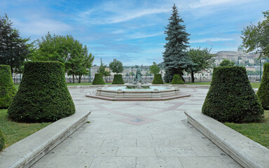 Vigado Park Fountain With Sculpture in Budapest Hungary Summer Day