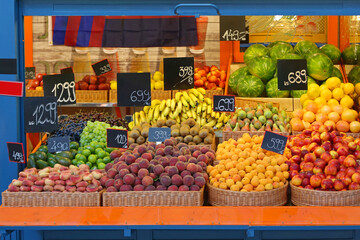 Fruits in Baskets at Farmers Market Stall in Budapest Hungary