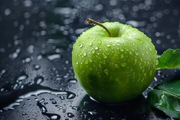 Fresh green Granny Smith apple with leaf and water drops, crisp and juicy fruit photo