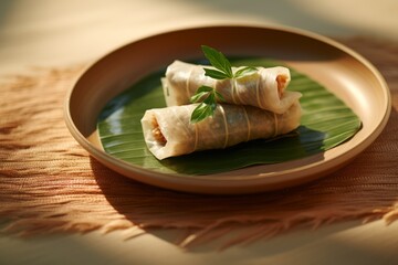 Delicious spring rolls on a palm leaf plate against a natural linen fabric background