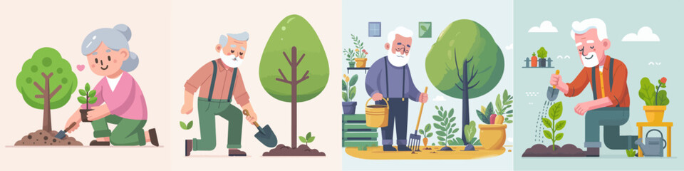 set Vector Illustration of grandfather and grandmother gardening