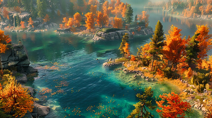 Obraz premium Fall Reflections on the Lake: A Canvas of Colors Mirrored in Tranquil Waters, a Serene Hideaway