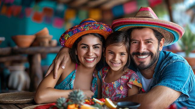Happy family dressed in traditional attire celebrating Mexican Cinco de Mayo with a feast