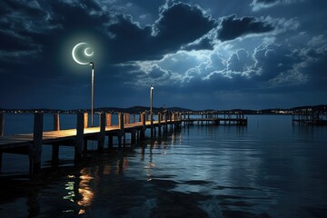 Moonlit Pier: Rings on a pier under the moonlight with harbor lights.