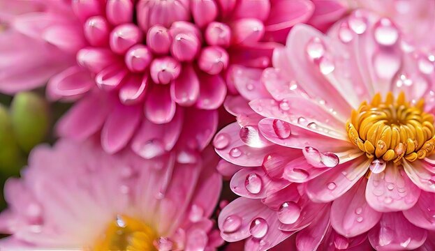 Pink chrysanthemum flowers with water drops on petals