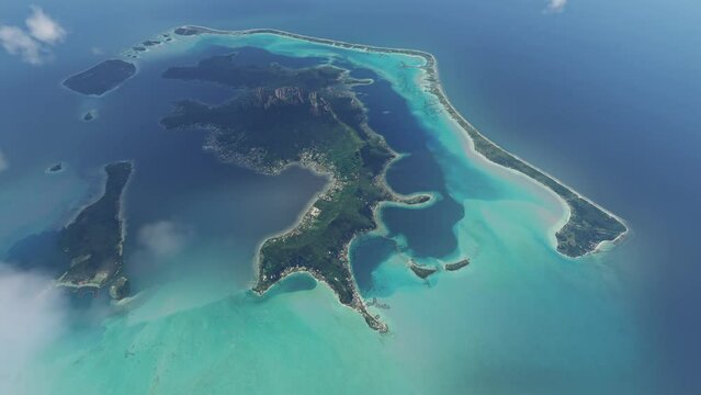 Top drone aerial shot of Sofitel Bora Bora Private Island. French Polynesia