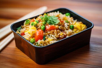 Juicy fried rice in a bento box against a pastel painted wood background