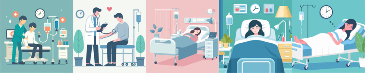 set Vector Illustration of people being treated in hospital