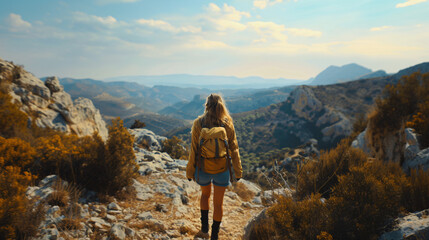 A solo female traveller hiking in the mountains. - obrazy, fototapety, plakaty