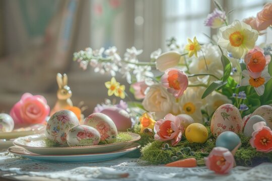 Easter table setting bursting with vibrant colors, showcasing spring flowers and pastel-painted eggs.