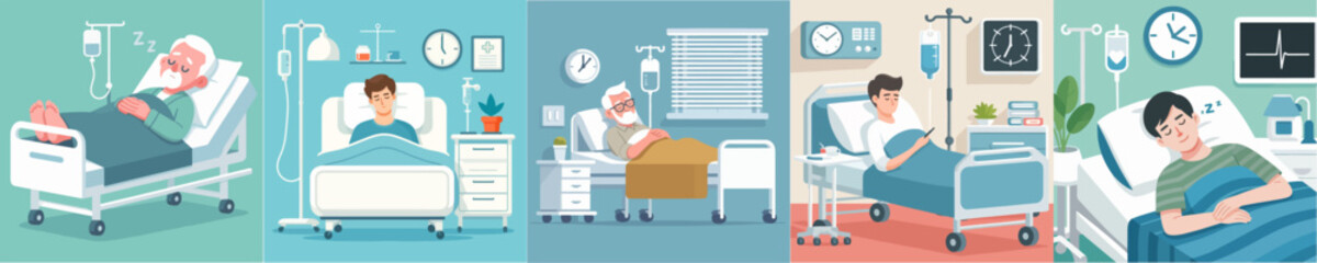 set Vector Illustration of people being treated in hospital - obrazy, fototapety, plakaty