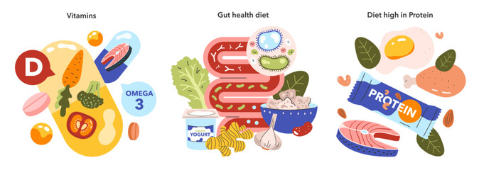 Nutritional Essentials Set. Vector illustration of dietary choices.