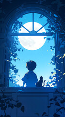 A boy and a cat are sitting on a windowsill,The sky is blue, and there are stars and vines covering the window frame.AI Generated