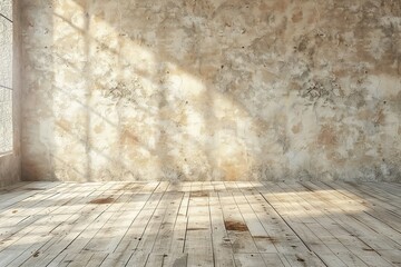lightweight beige empty wall and wooden floor with interesting with glare from the window. Interior background
